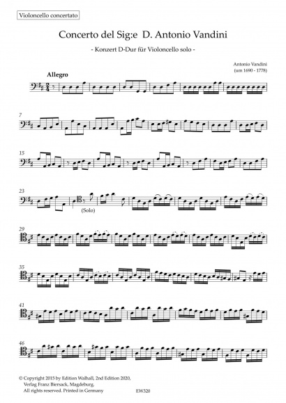 Vandini, Antonio (~1690–1778):<br>Konzert D-Dur<br>Stimmenset