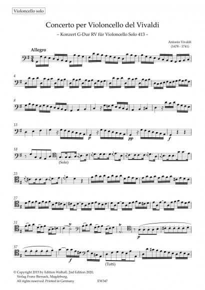 Vivaldi, Antonio (1678–1741):<br>Konzert Nr. 16 <br>G-Dur<br> RV 413<br>Stimmenset