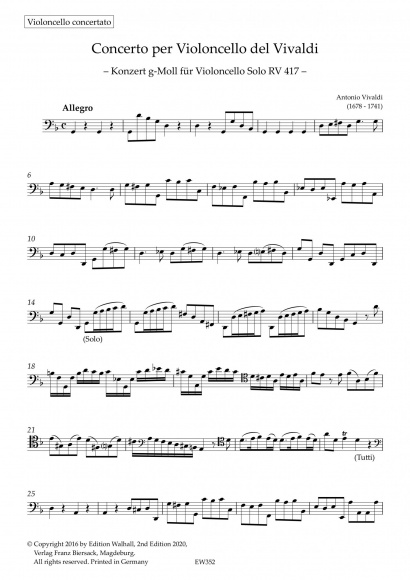 Vivaldi, Antonio (1678–1741):<br>Konzert Nr. 20 g-Moll RV 417<br>Stimmenset
