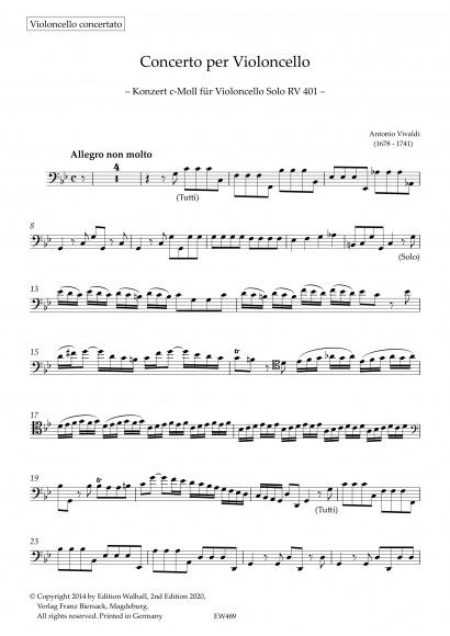 Vivaldi, Antonio (1678–1741):<br>Concert No. 4 C Minor RV 401<br>Set of parts