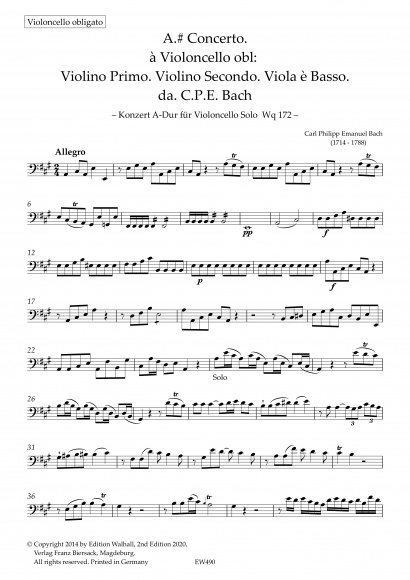 Bach, Carl Philipp Emanuel<br> (1714–1788):<br>Konzert A-Dur <br>Wq 172<br>Stimmenset