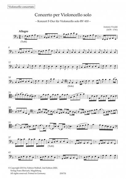Vivaldi, Antonio (1678–1741):<br>Konzert Nr. 13<br> F-Dur <br>RV 410<br>Stimmenset