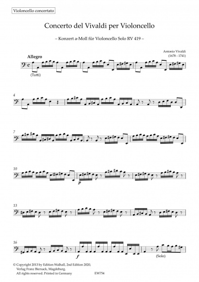 Vivaldi, Antonio (1678–1741):<br>Concert No. 22 A Minor RV 419<br>Set of parts
