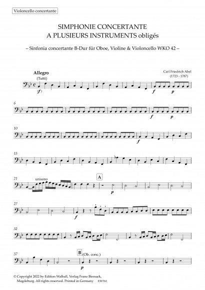 Abel, Carl Friedrich (1723–1787):<br />Sinfonia Concertante Nr. 1 B-Dur <br>WKO 42<br />Ergänzungsstimme, je