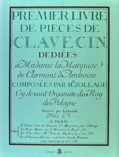 JOLLAGE, Charles Alexandre (b.?–1761): Premier livre